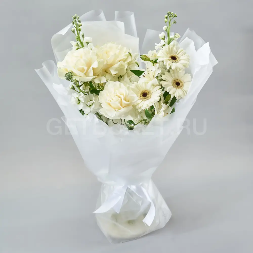 219272 Букет белых гербер, гортензии и маттиолы 