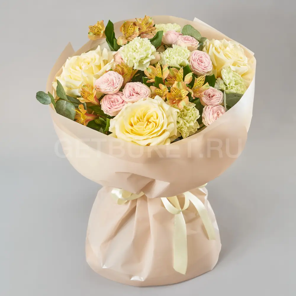 219729 Букет с гвоздиками, розами и альстромерией 