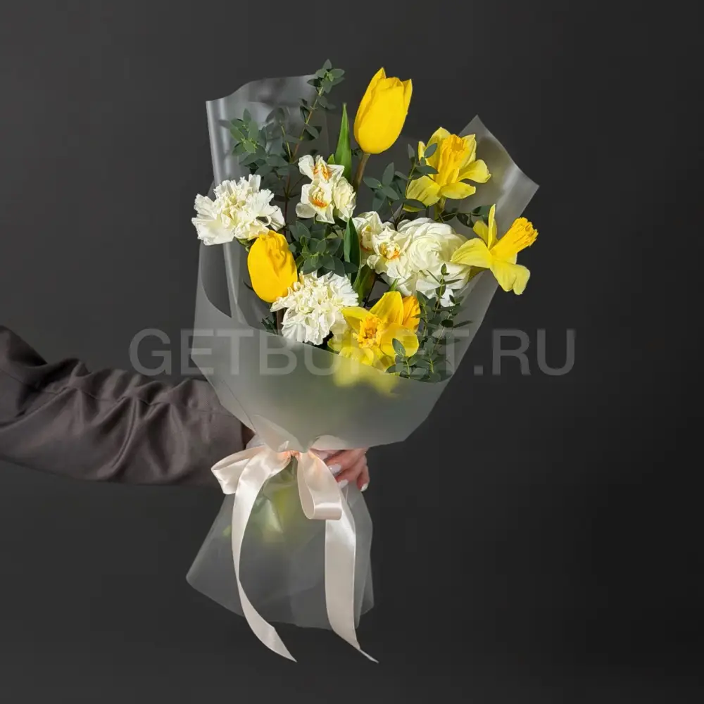 225169 Букет из тюльпанов, гвоздик и ранункулюса